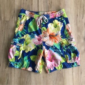Hollister Men's Tropical Floral Swim Trunks - Blue and Pink